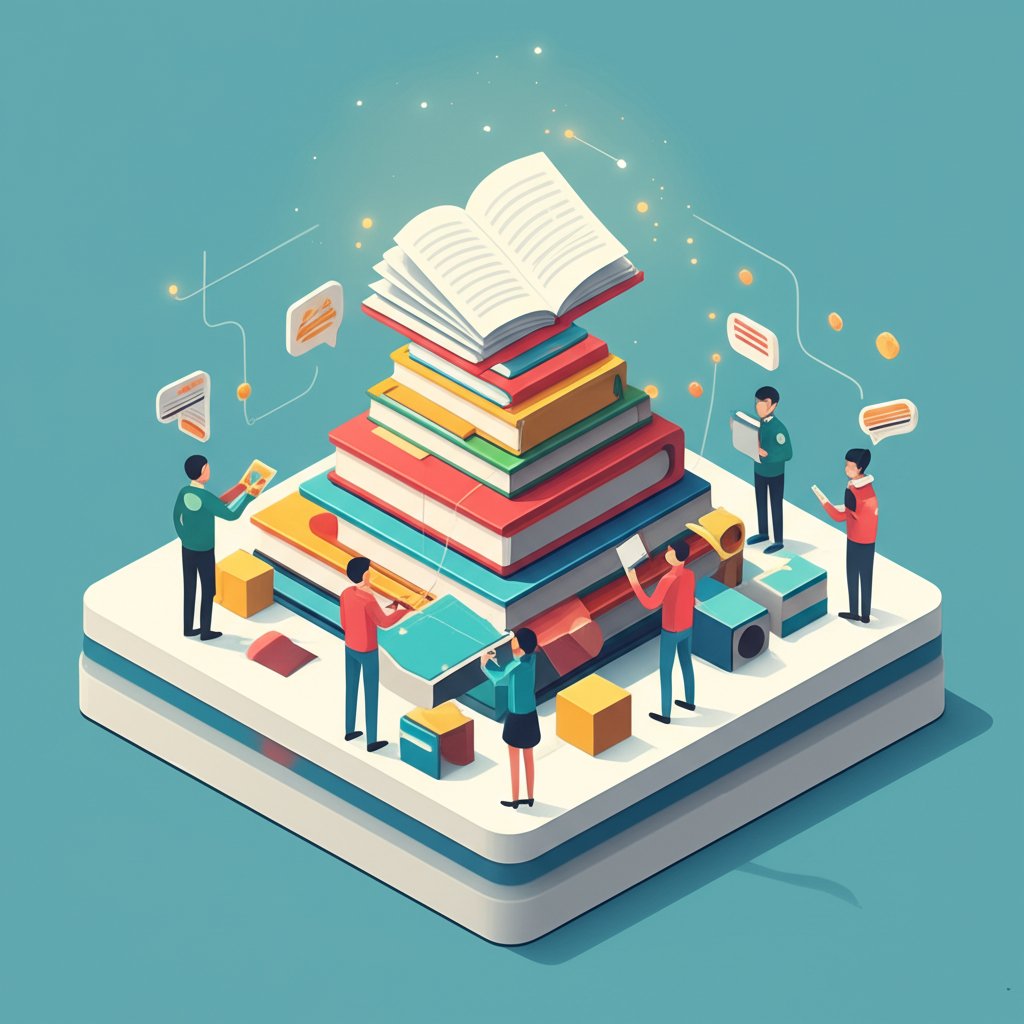 Illustration of diverse people collaborating, sharing knowledge for collective wisdom and mastery.